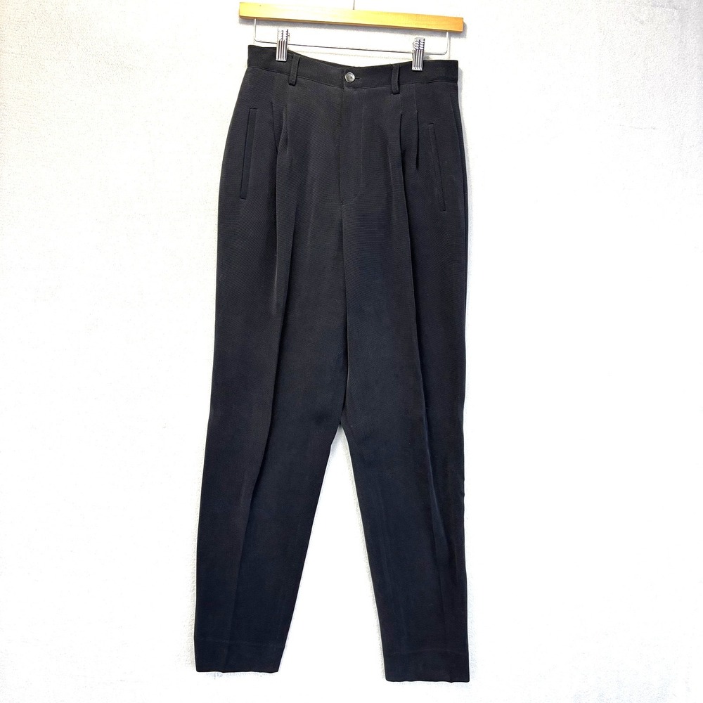 Vintage 90s Philippe Adec 100% Silk Pleated Dress Pants Womens 6 Black Tapered